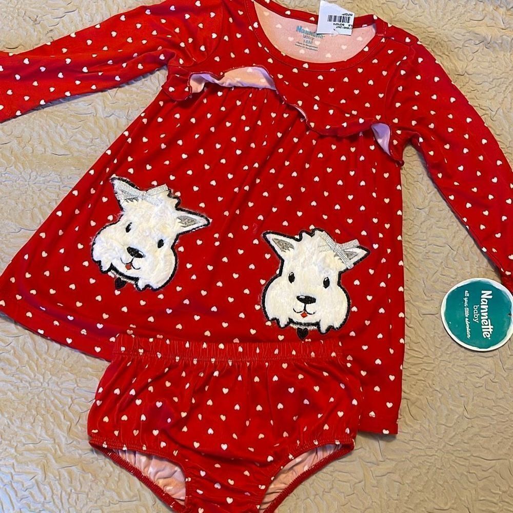 Nannette Baby Girls Dress Set Long Sleeve  18 months.‎ Red/Polka Dot/Dog NWT